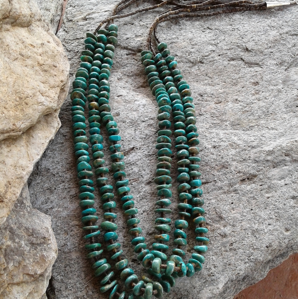 Sterling SilverGenuine TURQUOISE 3 STRAND NECKLACE - Picture 2 of 7